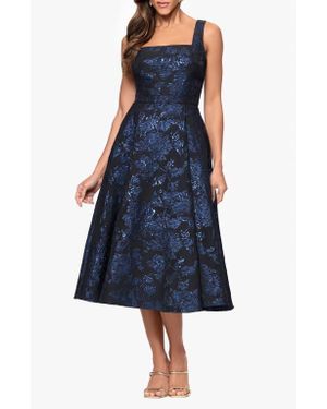 Xscape Evenings Brocade Cocktail Midi Dress - Blue