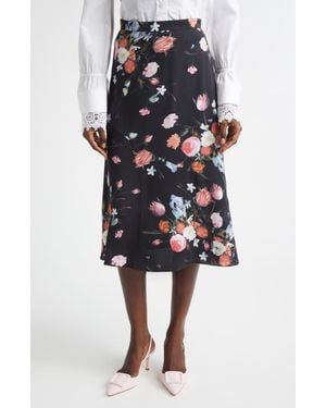 Erdem Floral A-Line Crepe Midi Skirt - Black