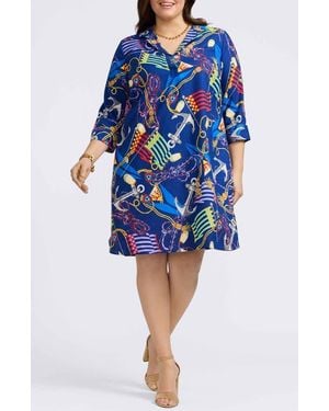 Foxcroft Sloane Nautical Print Linen Blend Shirtdress - Blue