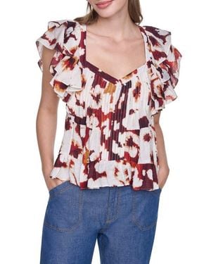 DKNY Flutter Sleeve Floral Print Shirt - Red