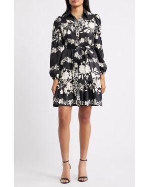 Anne Klein Floral Long Sleeve Tiered Shirtdress - Black