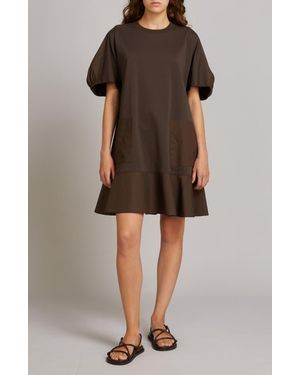 MM by Max Mara Onore Puff Sleeve Ruffle Hem Mixed Media Shift Dress - Brown