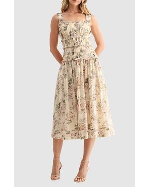 Mila + Mate Floral Print Ruched Midi Dress - Natural