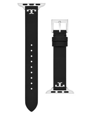 Tory Burch The 'T' Leather 14Mm Apple Watch Watchband - Black