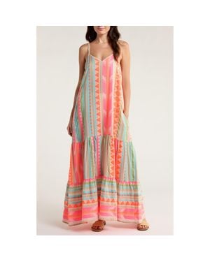 Elan Embroidered Tiered Cotton Blend Cover-Up Maxi Dress - Pink