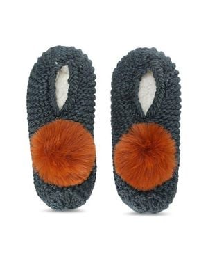 Memoi Faux Fur Pompom Faux Shearling Lined Slipper Socks - Blue