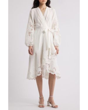 Kobi Halperin Lace Detail Long Sleeve Midi Wrap Dress - Natural