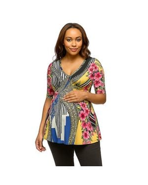 24seven Comfort Apparel Maternity Floral Print Elbow Sleeve V-Neck Henley Tunic Top - Red