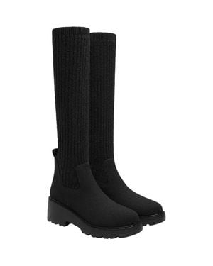 VIVAIA Round-Toe Knee-High Platform Chunky Wool Wedge Boots - Black