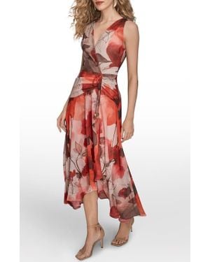 Donna Karan Floral Print Faux Wrap Dress - Red