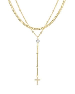 ATHRA LUXE Imitation Pearl & Pavé Cross Layered Y-Necklace - Metallic