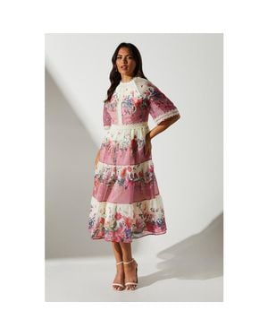 Coast Organza Floral Tiered Lace Trim Dress - Multicolor