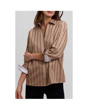 Foxcroft Agnes Dot Stripe Three-Quarter Sleeve Cotton Popover Top - Brown