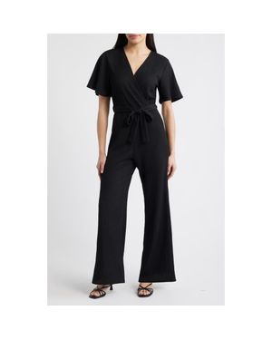 Loveappella Flutter Sleeve Textured Jumpsuit - Black