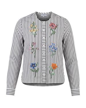 Viva K Embroidered Stripe Floral Detail Button Front Blouse - White