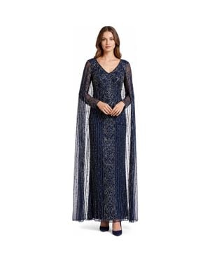 LARA New York V-Neck Linear Beaded Dress With Long Cape - Blue