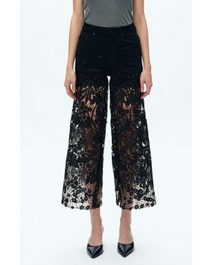 Bayeas High Waist Crystal Embellished Lace Wide Leg Jeans - Black