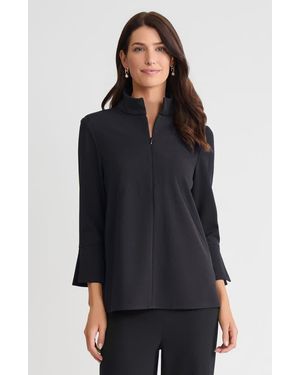 Ming Wang Stretch Deco Crepe Zip Front Pullover Blouse - Black