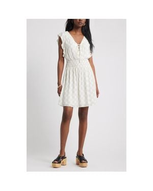 Treasure & Bond Lace-Up Smocked Waist Minidress - White