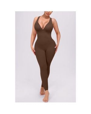 Shapellx Plunge Built-In Bra Shaping Jumpsuit - Brown