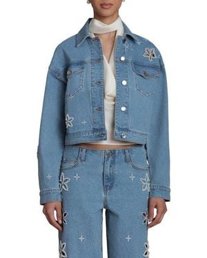 Avec Les Filles Faux Pearl Floral Denim Jacket - Blue