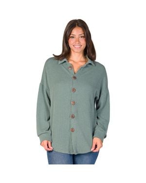 24seven Comfort Apparel Ribbed Button Up Long Sleeve Collared Shirt Jacket - Green