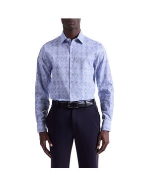 Bugatchi Julian Shaped Fit Geo Pattern Stretch Cotton Dobby Button-Up Shirt - Blue