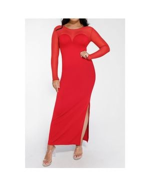 Popilush Shapewear Mesh Long Sleeve V-Back Slimming Maxi Dress - Red