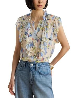 Ralph Lauren Floral Print Ruffle Trim Button-Up Top - Blue