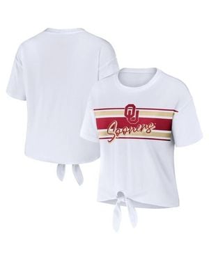 WEAR by Erin Andrews Oklahoma Sooners Striped Front Knot Cropped T-Shirt - White