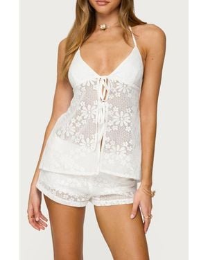 Edikted Arlie Tie Front Floral Lace Halter Top - White