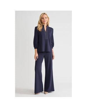 Ming Wang Stretch Deco Crepe Balloon Sleeve Blouse - Blue