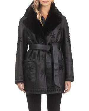 Gorski Genuine Shearling Short Jacket With Embroidery, Belt - Black