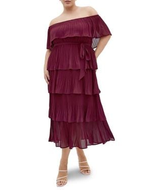 City Chic Night Garden Tiered Release Pleat Off The Shoulder Maxi Dress - Purple