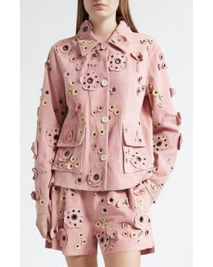 Marni Floral Appliqué Suede Cargo Jacket - Pink