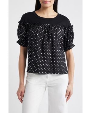 Loveappella Contrast Yoke Puff Sleeve Top - Black