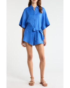 Elan Linen Cover-Up Romper - Blue