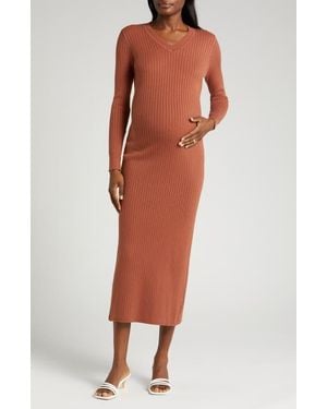Marion Ribbed Long Sleeve V-Neck Midi Sweater Dress - Red