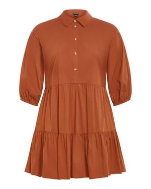 City Chic Kiara Balloon Sleeve Tiered Shirtdress - Brown