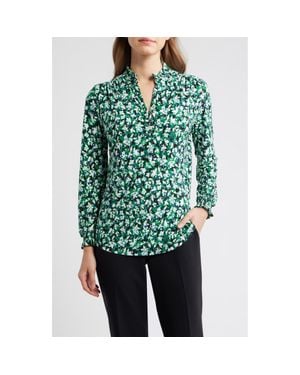 Anne Klein Ruffle Neck Smocked Cuff Top - Green