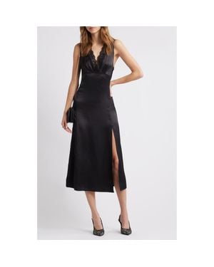 Open Edit Lace Trim Satin Slipdress - Black