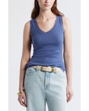 Treasure & Bond Pointelle Lace Trim Cotton Blend V-Neck Tank - Blue
