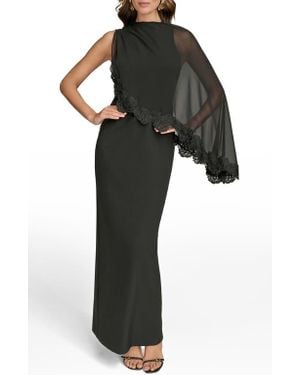 Donna Karan Lace Trim Chiffon Capelet Scuba Knit Cocktail Dress - Black
