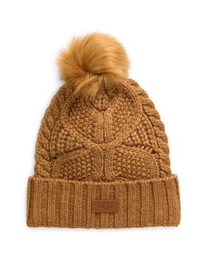 UGG Faux Fur Pompom Cable Knit Beanie - Natural