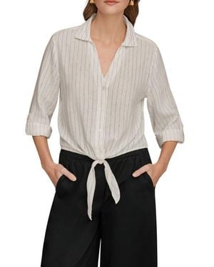 Donna Karan Yarn Dye Stripe Crop Linen Blend Button-Up Shirt - White
