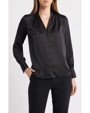 Anne Klein Pleat Front V-Neck Button-Up Shirt - Black