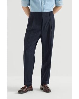 Brunello Cucinelli Virgin Wool Chalk Stripe Pants With Double Pleats - Blue