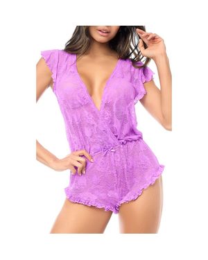 MAPALE Ruffle Lace Babydoll Romper - Purple