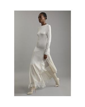 Karen Millen Petite Slinky Lace Asymmetric Maxi Dress - White