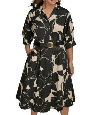 Donna Karan Printed Belted Midi Shirtdress - Black